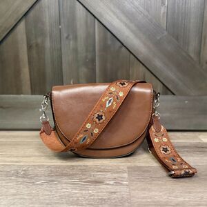 J JILL Leather Saddle Bag Brown Boho Western Cottagecore  Floral Strap Crossbody